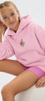 Kız Çocuk Oversize Hoodie Sweatshirt Flower Heaven Baskılı Pembe – Kapüşonlu, Cepli, 3 İplik Polar  