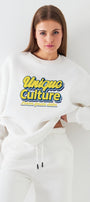 Kadın Oversize Sweatshirt Unique Culture Baskılı Beyaz – Bisiklet Yaka, 3 İplik Şardonlu Polar