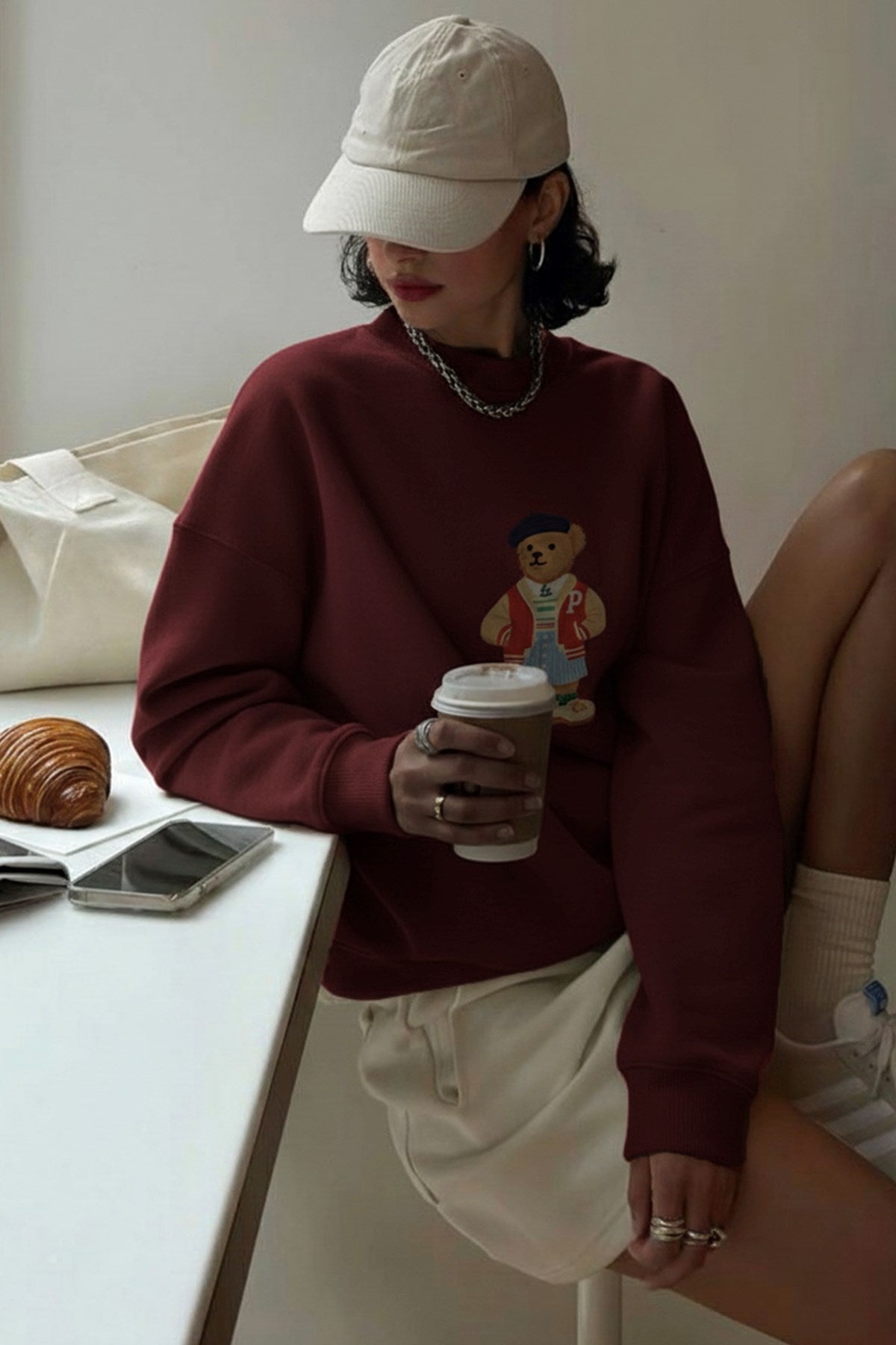 Kadın Oversize Sweatshirt Campus Bear Baskılı Bordo – Bisiklet Yaka, 3 İplik Şardonlu Polar