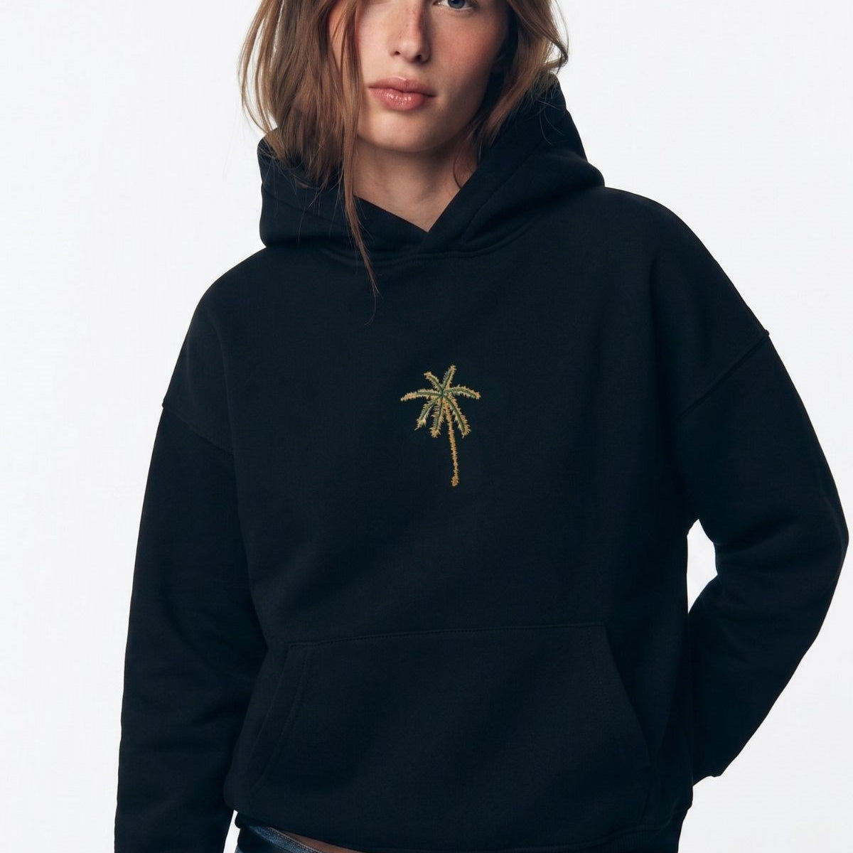 Kadın Oversize Hoodie Palmiye Nakışlı Siyah – Kapüşonlu, Kanguru Cepli, 3 İplik Polar