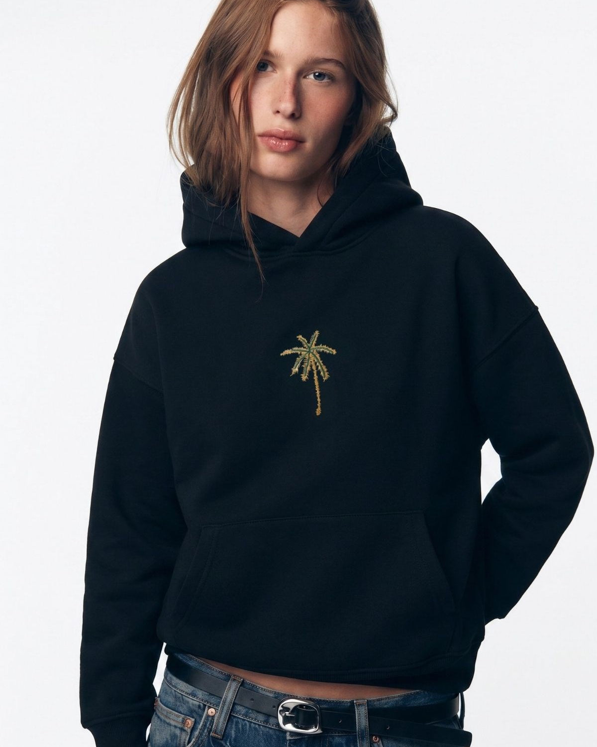 Kadın Oversize Hoodie Palmiye Nakışlı Siyah – Kapüşonlu, Kanguru Cepli, 3 İplik Polar