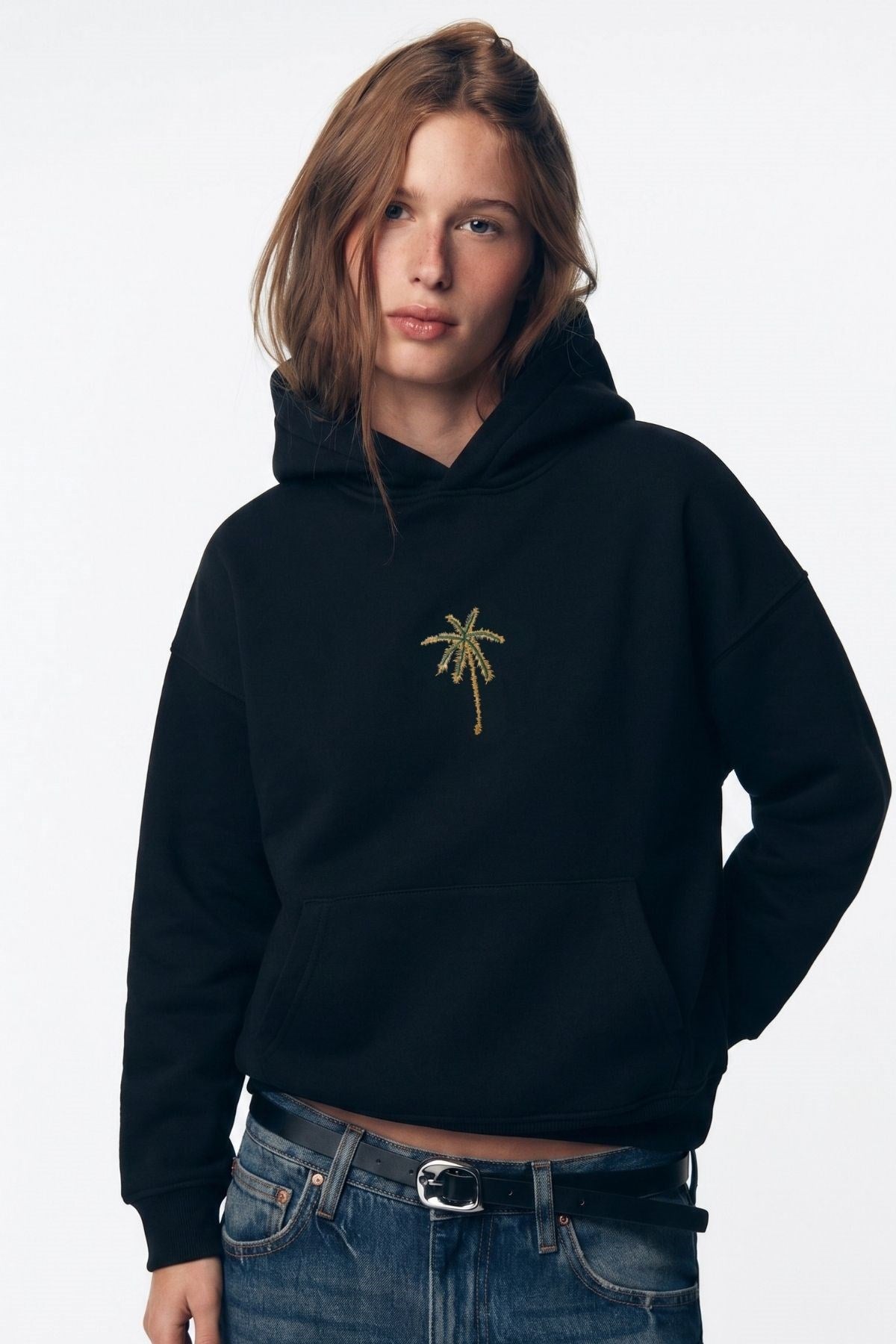 Kadın Oversize Hoodie Palmiye Nakışlı Siyah – Kapüşonlu, Kanguru Cepli, 3 İplik Polar