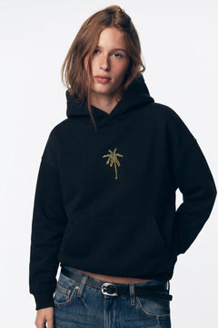 Kadın Oversize Hoodie Palmiye Nakışlı Siyah – Kapüşonlu, Kanguru Cepli, 3 İplik Polar