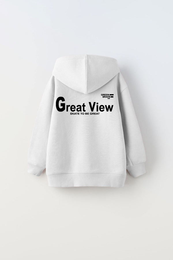 Kapüşonlu İçi Polar Great View Yazı Baskılı Beyaz Unisex Çocuk Hoodie Sweatshirt