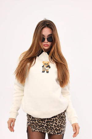 Bisiklet Yaka İçi Polar Teddy Bear Leopar Baskılı Beyaz Unisex Sweatshirt