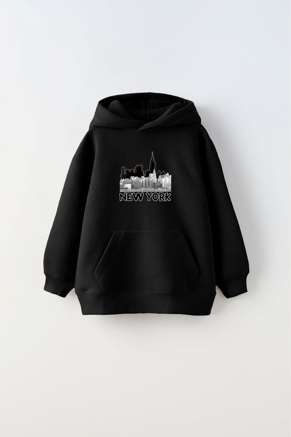 Kapüşonlu İçi Polar New York Yazı Baskılı Siyah Unisex Çocuk Hoodie Sweatshirt