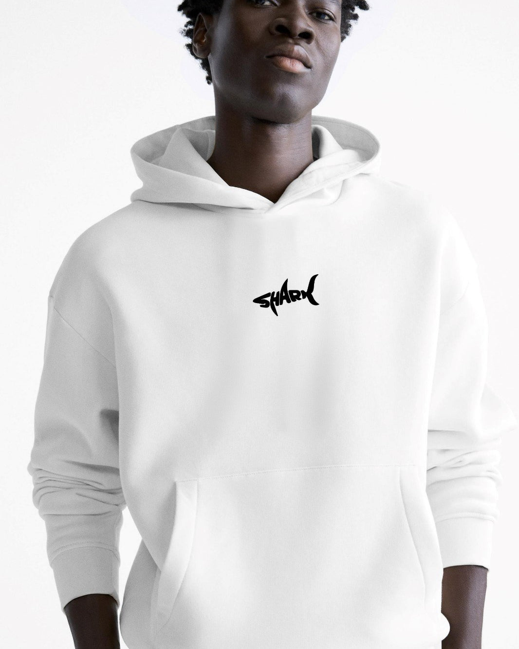 Kapüşonlu İçi Polar Shark Baskılı Beyaz Oversize Hoodie Sweatshirt