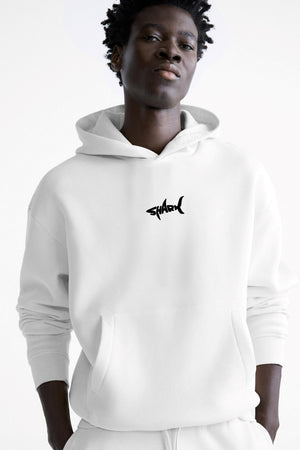 Kapüşonlu İçi Polar Shark Baskılı Beyaz Oversize Hoodie Sweatshirt