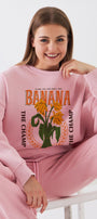 Kadın Oversize Sweatshirt Banana Tropical Baskılı Pembe – Bisiklet Yaka, 3 İplik Şardonlu Polar