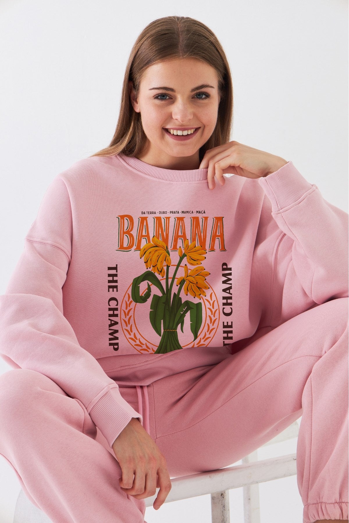 Kadın Oversize Sweatshirt Banana Tropical Baskılı Pembe – Bisiklet Yaka, 3 İplik Şardonlu Polar