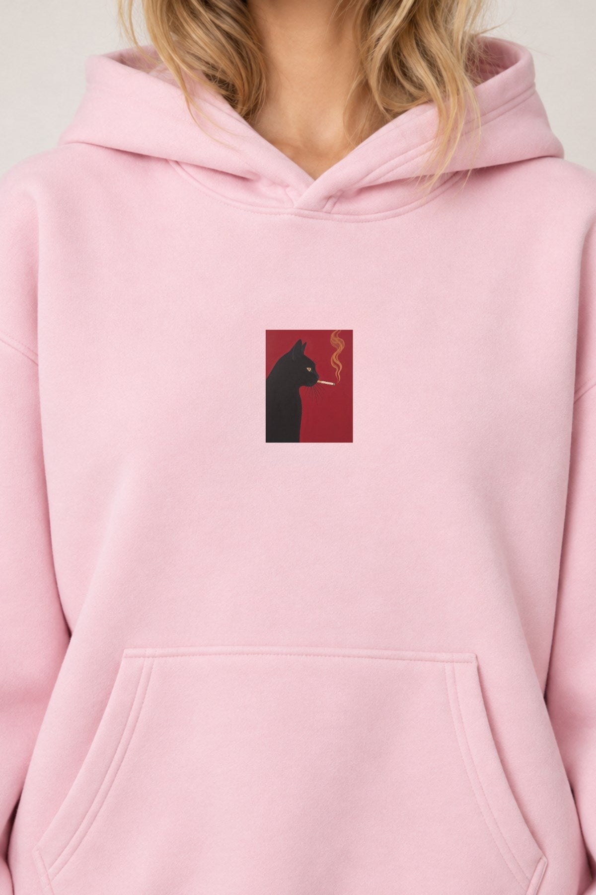 Kadın Oversize Hoodie Noir Cat Baskılı Pembe – Kapüşonlu, Kanguru Cepli, 3 İplik Şardonlu Polar