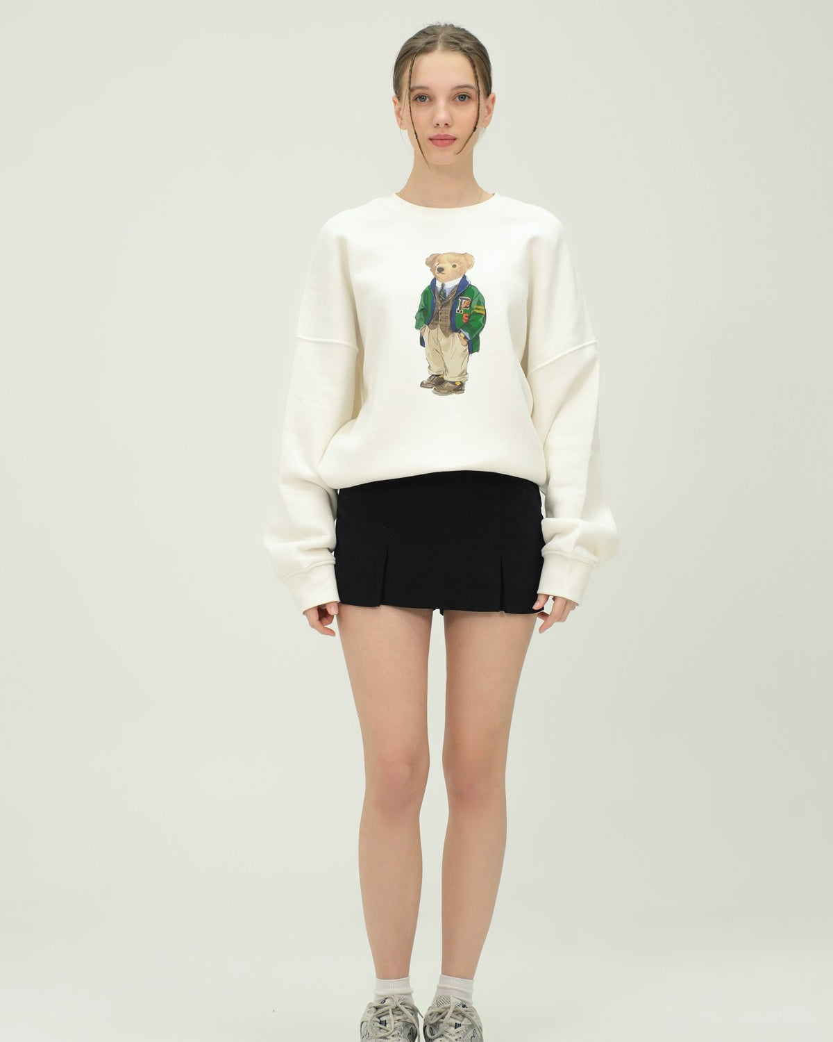 Kadın Bisiklet Yaka Ayı Baskılı Günlük Sweatshirt