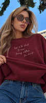 Kadın Relaxed Fit Sweatshirt Life Is Too Short Baskılı Bordo – Bisiklet Yaka, 3 İplik Şardonsuz