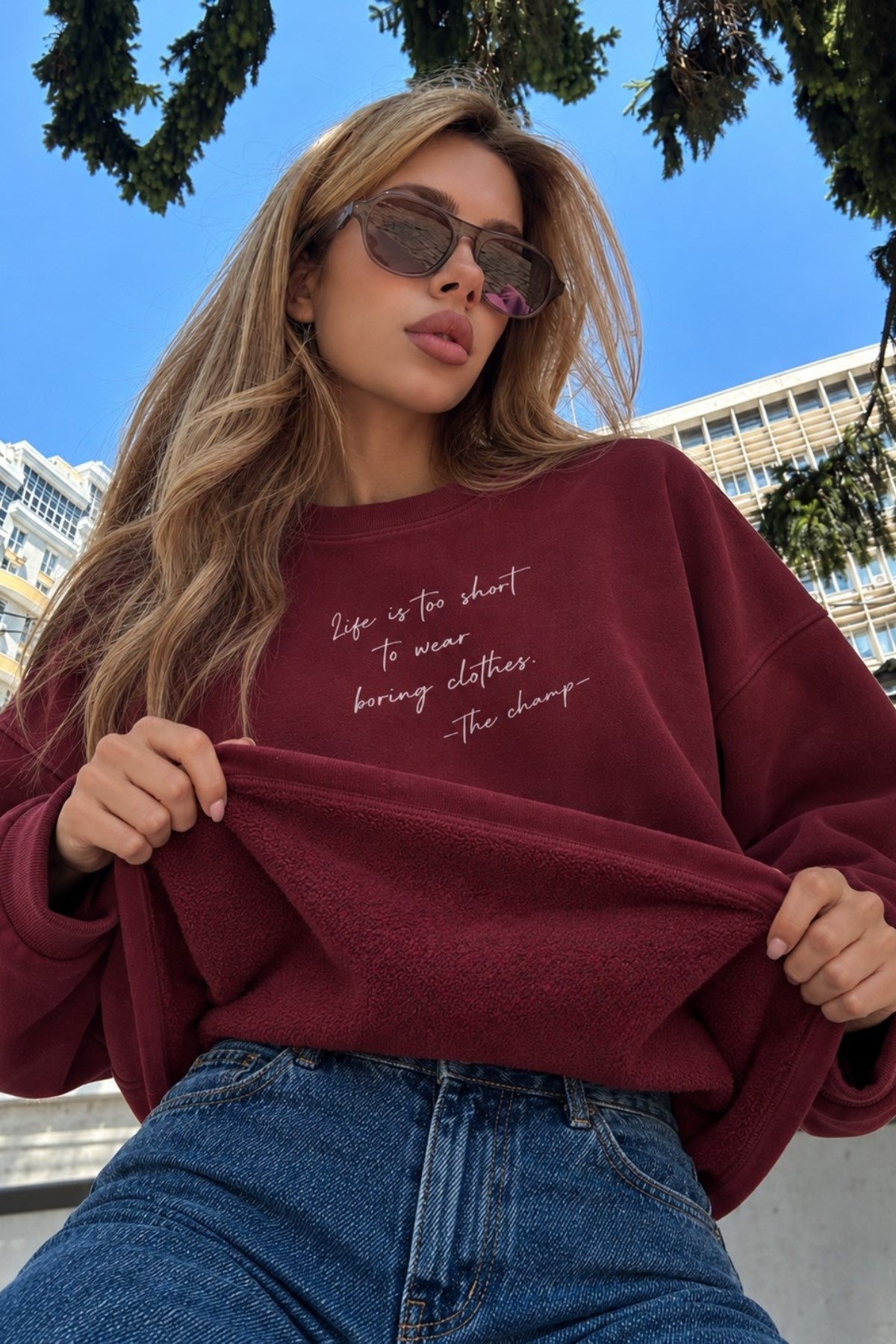 Kadın Relaxed Fit Sweatshirt Life Is Too Short Baskılı Bordo – Bisiklet Yaka, 3 İplik Şardonsuz