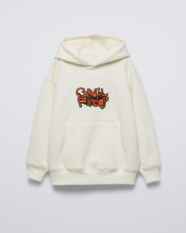 Krem Çocuk Casual Funday Baskılı Oversize Kapüşonlu Sweatshirt