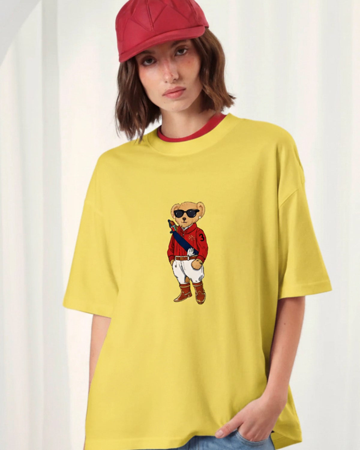 Kadın Oversize Tişört MILO Bear Baskılı Sarı – Bisiklet Yaka, Rahat Kalıp, %100 Pamuk