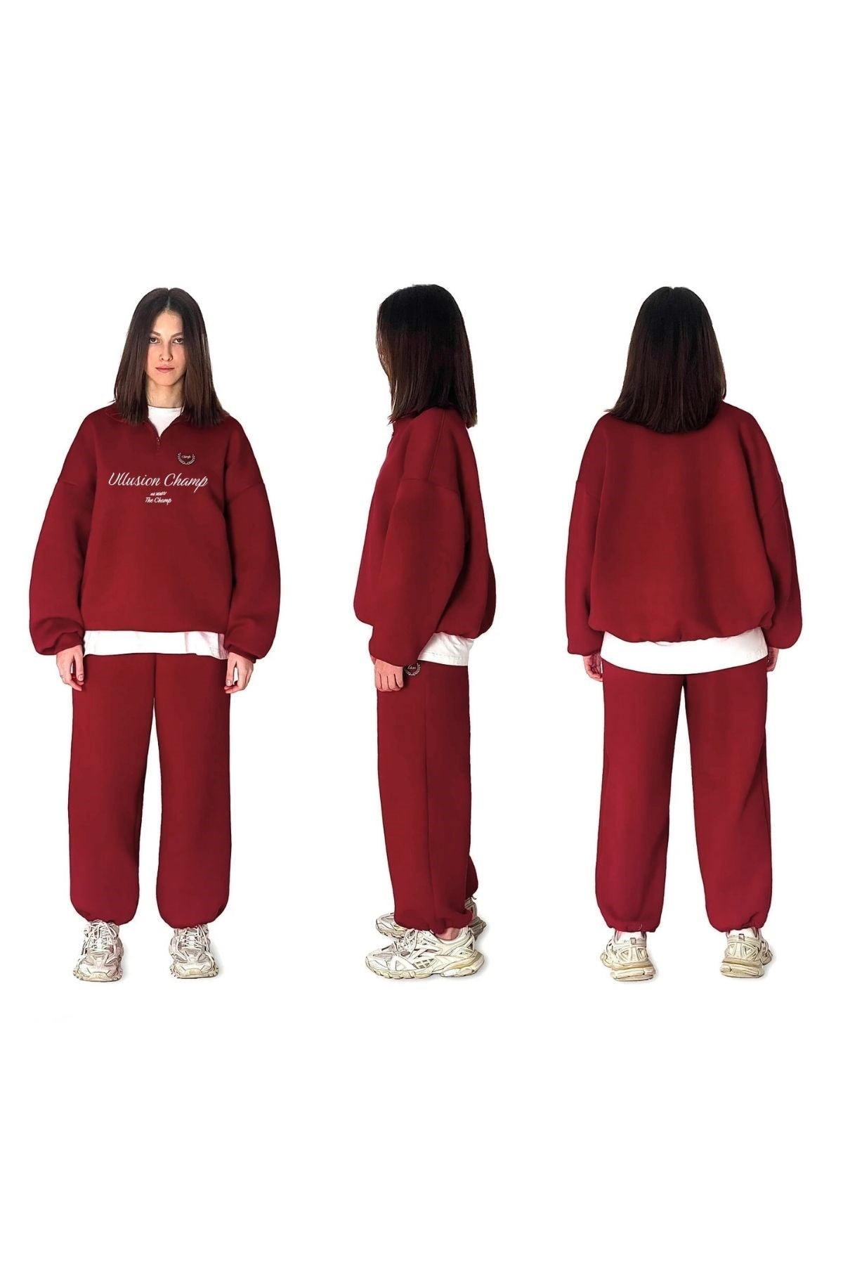 Unisex Oversize Ullusion Champ Baskılı Eşofman Takımı Bordo – Lastikli Bel ve Paça, Yarım Fermuar