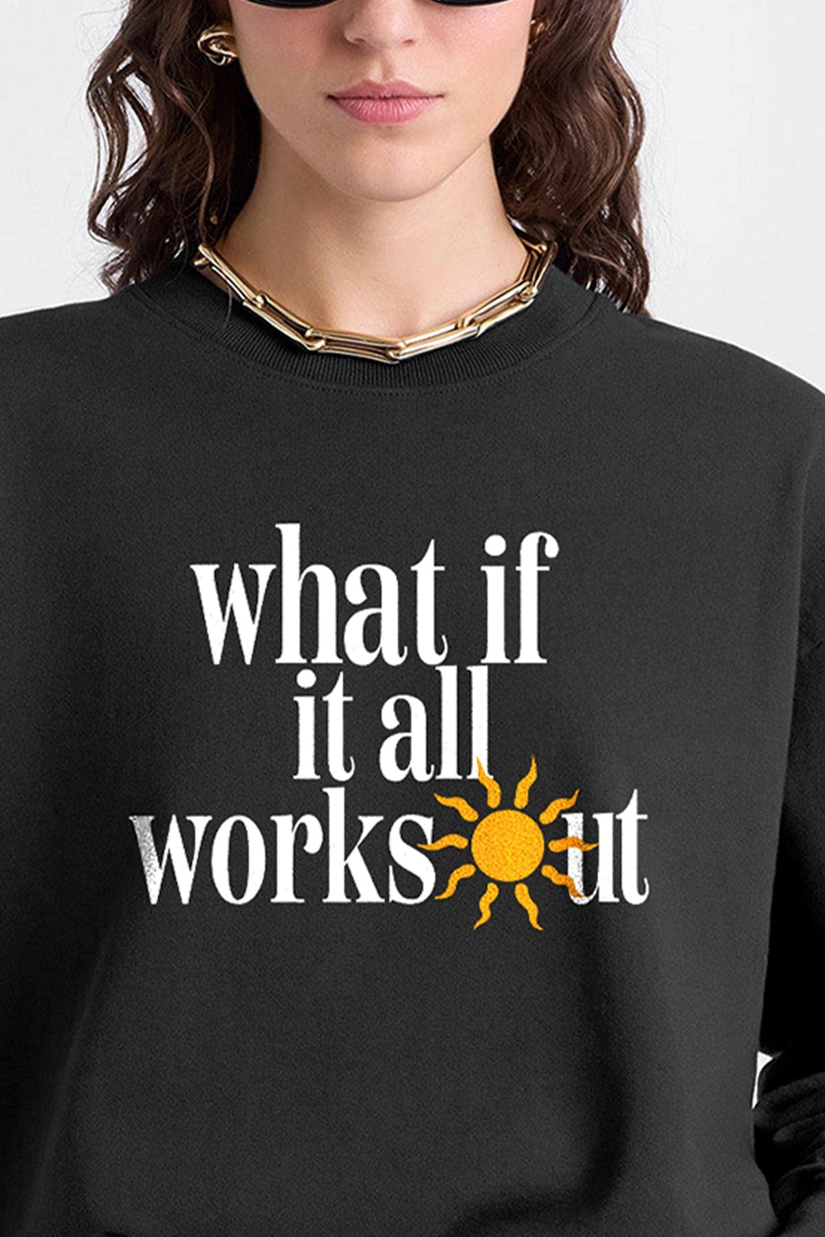 Kadın Oversize Sweatshirt What If  Baskılı Füme Konsept – Bisiklet Yaka, 3 İplik Şardonlu Polar
