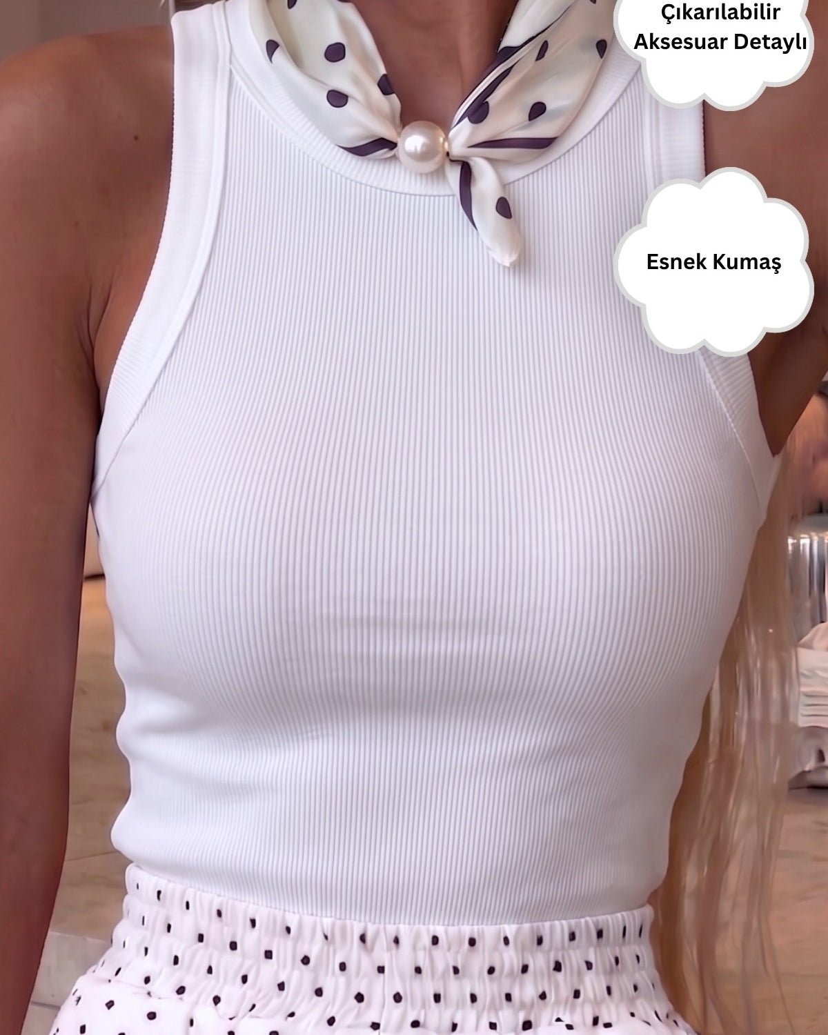 Kadın Ruby Scarf Mıknatıslı Fular Aksesuarlı Atlet Beyaz – Likralı Esnek Kumaş, Modern Form