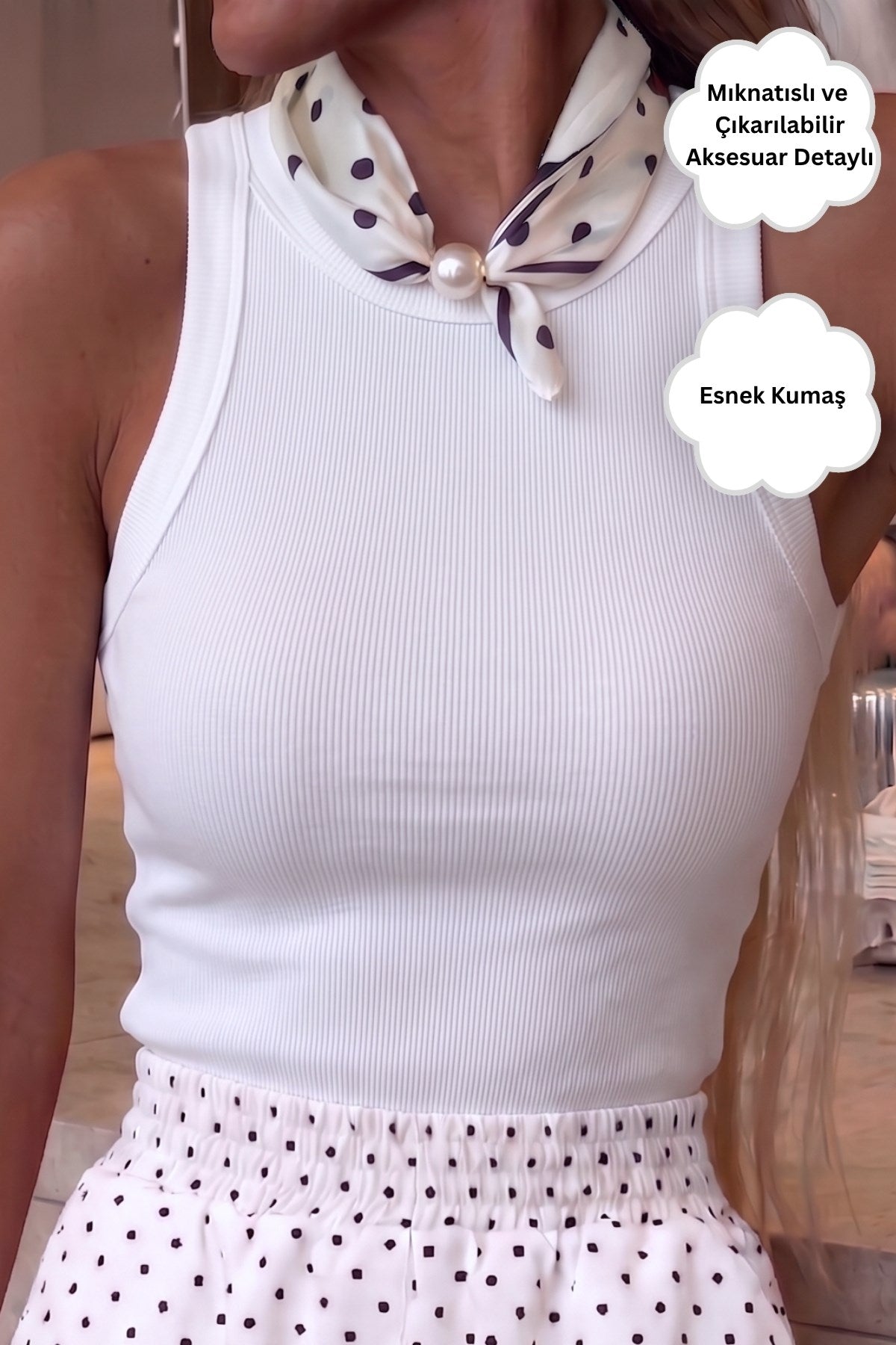 Kadın Ruby Scarf Mıknatıslı Fular Aksesuarlı Atlet Beyaz – Likralı Esnek Kumaş, Modern Form