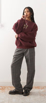 Kadın Oversize Sweatshirt Leo Kurdele Baskılı Bordo – Bisiklet Yaka, 3 İplik Şardonlu Polar