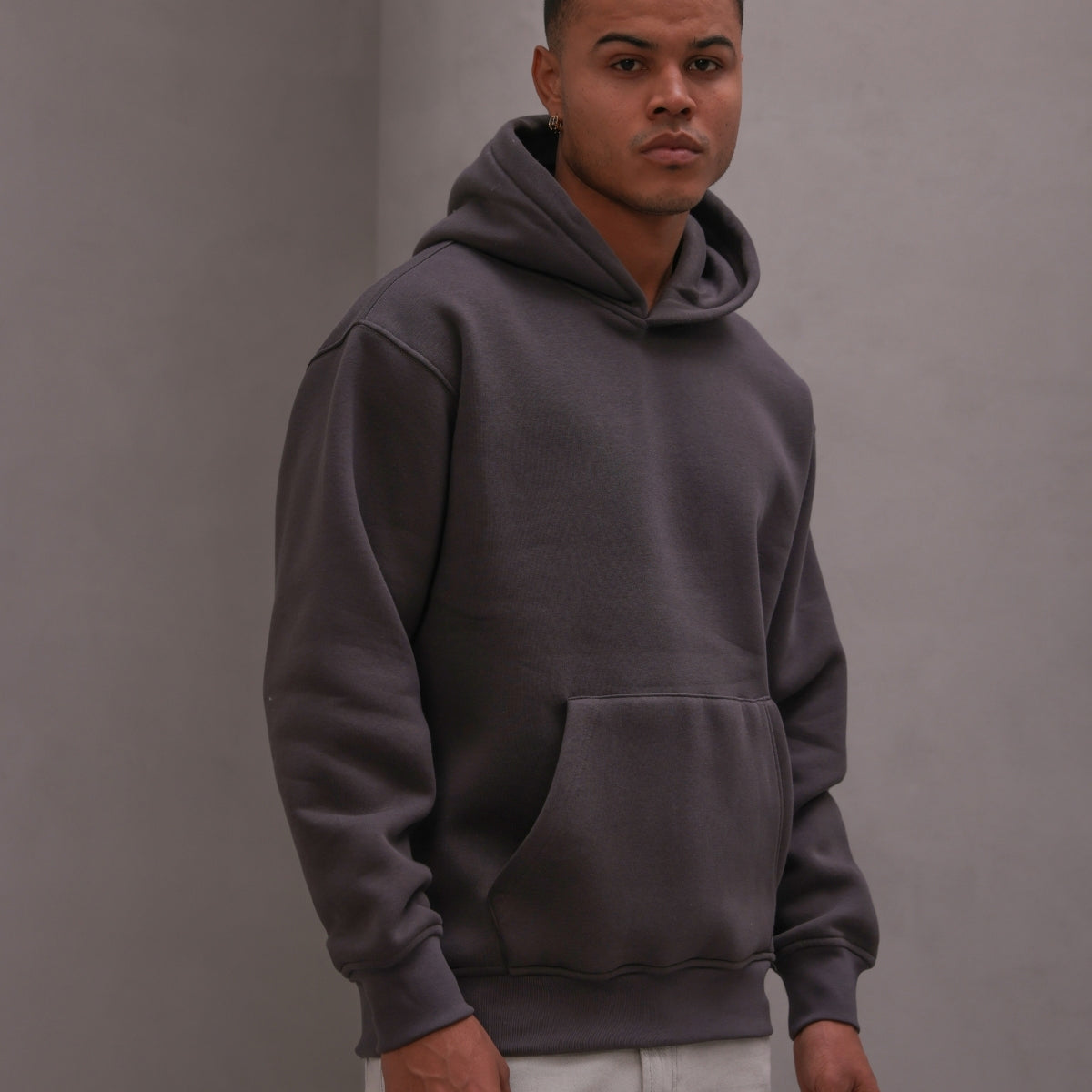 Erkek Oversize Sweatshirt Hoodie Basic Füme – Kapüşonlu, 3 İplik Polar, Kanguru Cepli