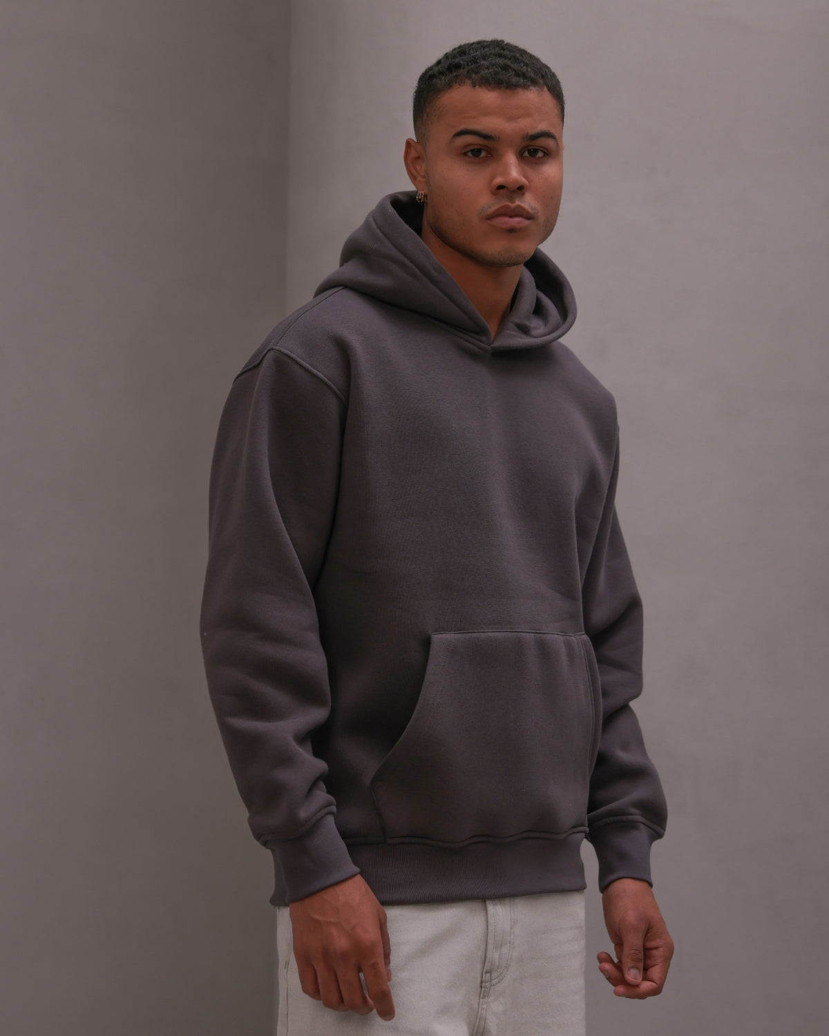 Erkek Oversize Sweatshirt Hoodie Basic Füme – Kapüşonlu, 3 İplik Polar, Kanguru Cepli