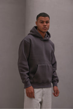 Erkek Oversize Sweatshirt Hoodie Basic Füme – Kapüşonlu, 3 İplik Polar, Kanguru Cepli