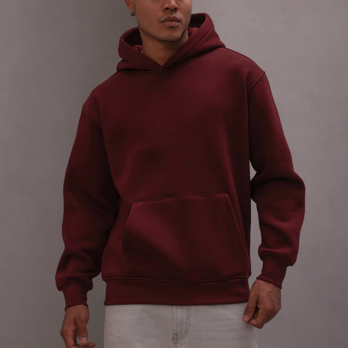 Erkek Oversize Sweatshirt Hoodie Basic Bordo – Kapüşonlu, 3 İplik Polar, Kanguru Cepli