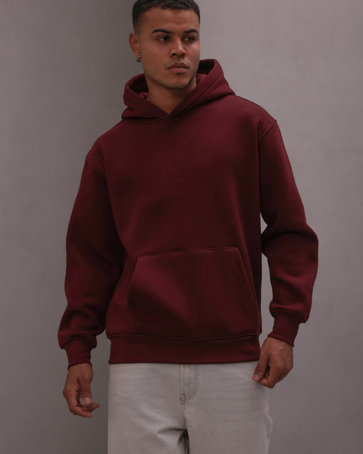 Erkek Oversize Sweatshirt Hoodie Basic Bordo – Kapüşonlu, 3 İplik Polar, Kanguru Cepli