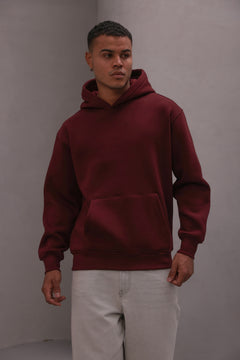 Erkek Oversize Sweatshirt Hoodie Basic Bordo – Kapüşonlu, 3 İplik Polar, Kanguru Cepli