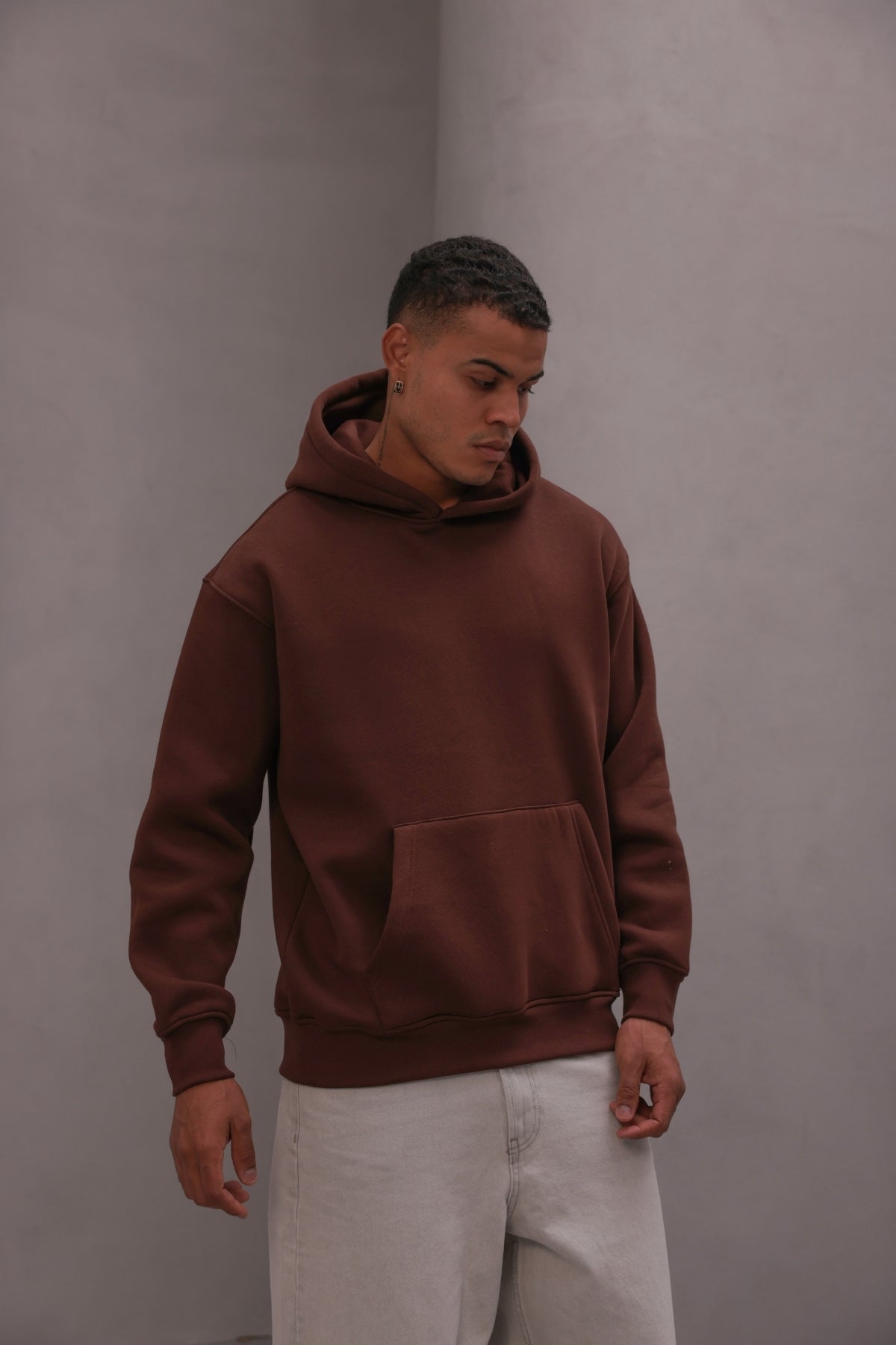 Erkek Oversize Sweatshirt Hoodie Basic Kahverengi – Kapüşonlu, 3 İplik , Kanguru Cepli