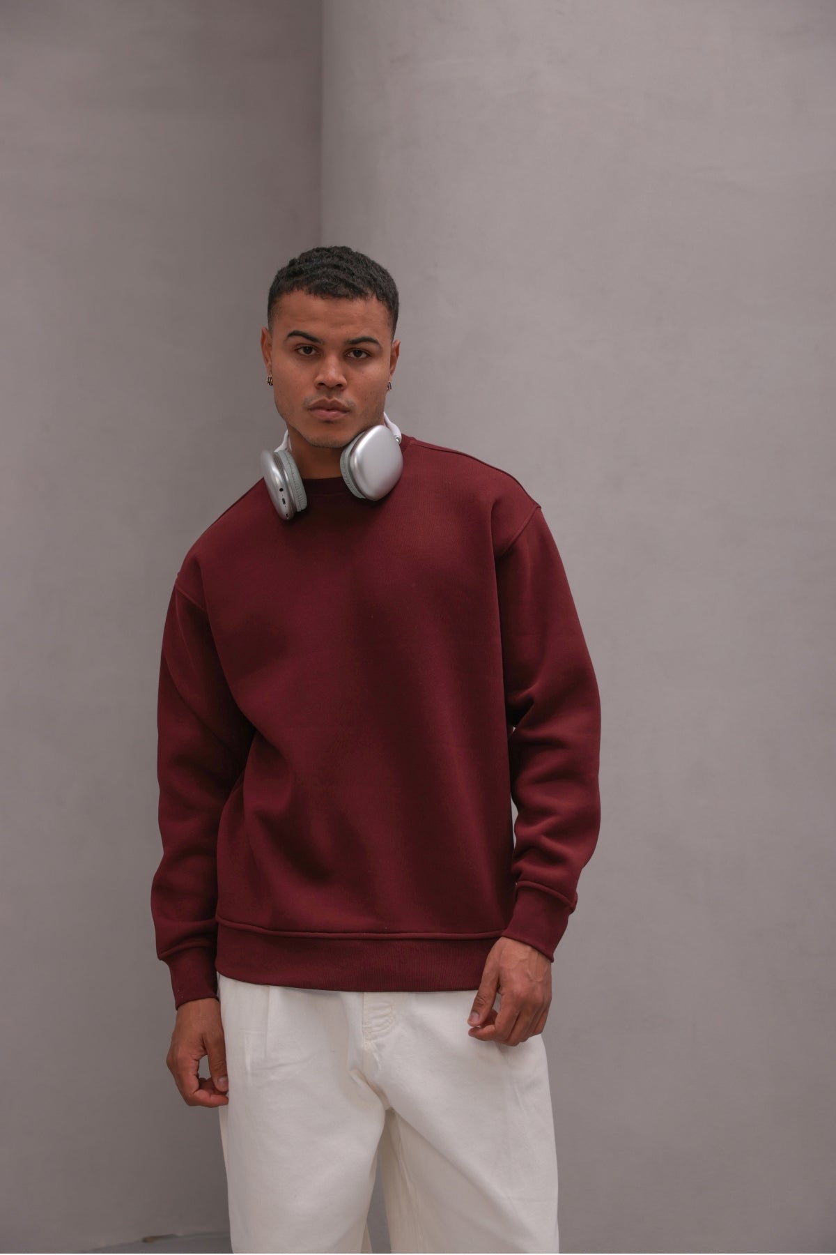 Erkek Oversize Sweatshirt Basic Bordo – Bisiklet Yaka, 3 İplik Şardonlu Polar