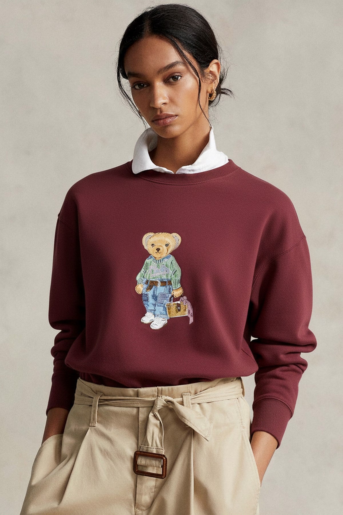 Kadın Oversize Sweatshirt Weekend Bear Baskılı Bordo – Bisiklet Yaka, 3 İplik Şardonlu