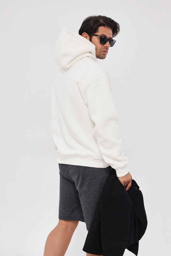 Kapüşonlu İçi Polar MM75 Baskılı Beyaz Oversize Hoodie Sweatshirt