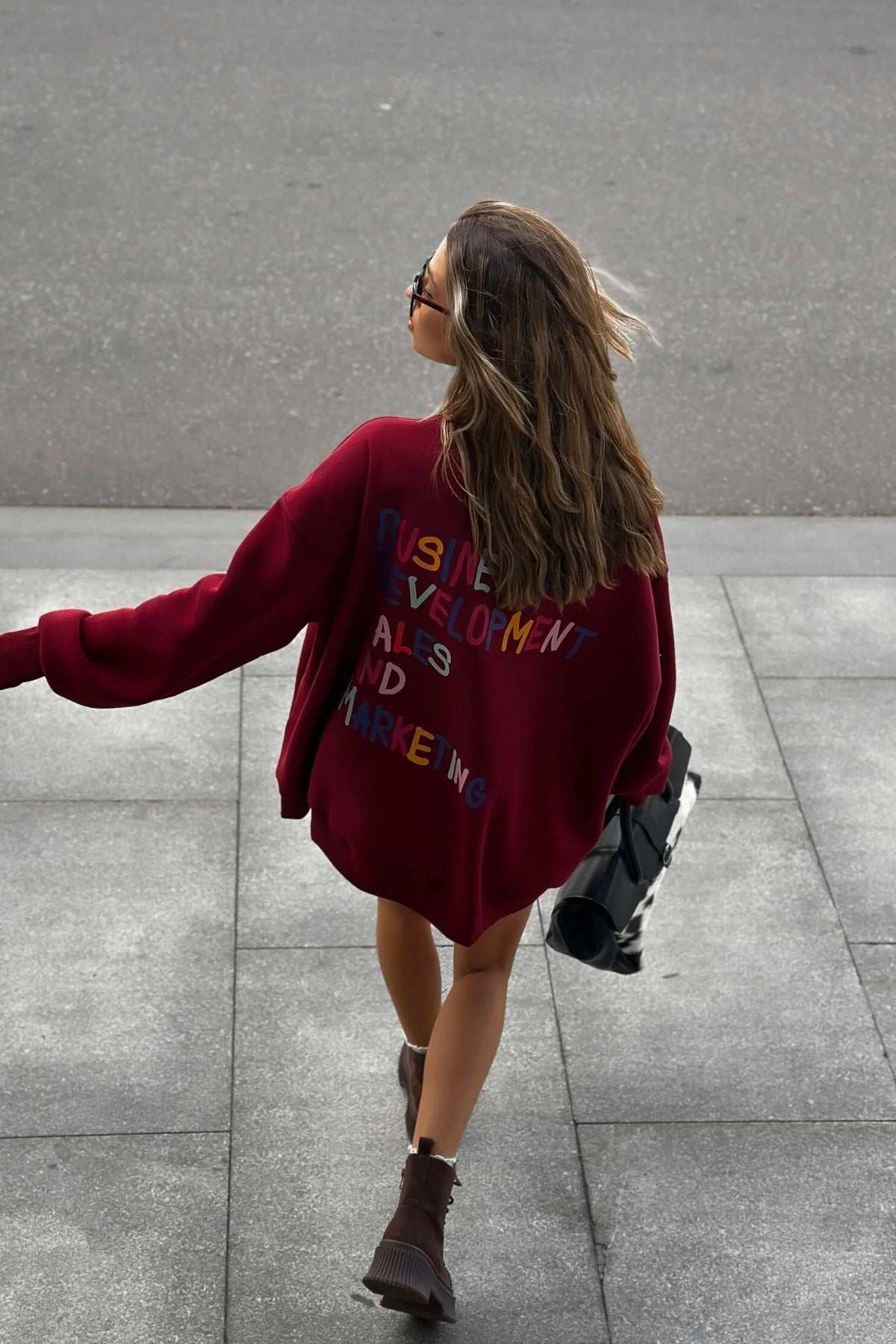 Kadın Oversize Sweatshirt Elbise Color Pop Baskılı Bordo – Bisiklet Yaka, 3 İplik Şardonlu Polar