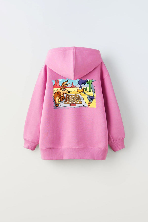 Kapüşonlu İçi Polar Satranç Cartoon Baskılı Pembe Unisex Çocuk Hoodie Sweatshirt