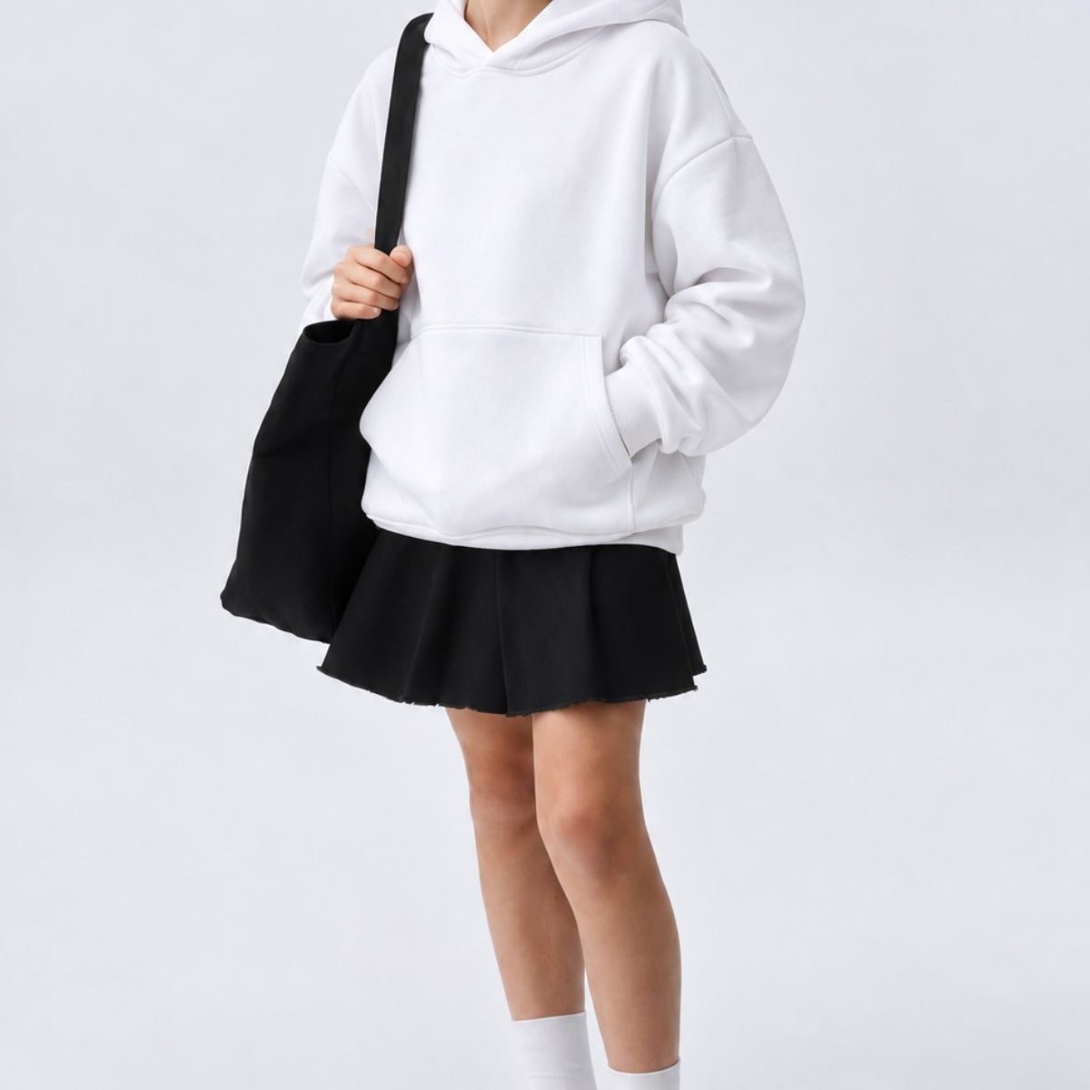 Kız Çocuk Oversize Basic Hoodie Sweatshirt Beyaz – Kapüşonlu, Kanguru Cepli, 3 İplik Polar