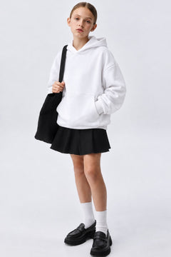 Kız Çocuk Oversize Basic Hoodie Sweatshirt Beyaz – Kapüşonlu, Kanguru Cepli, 3 İplik Polar
