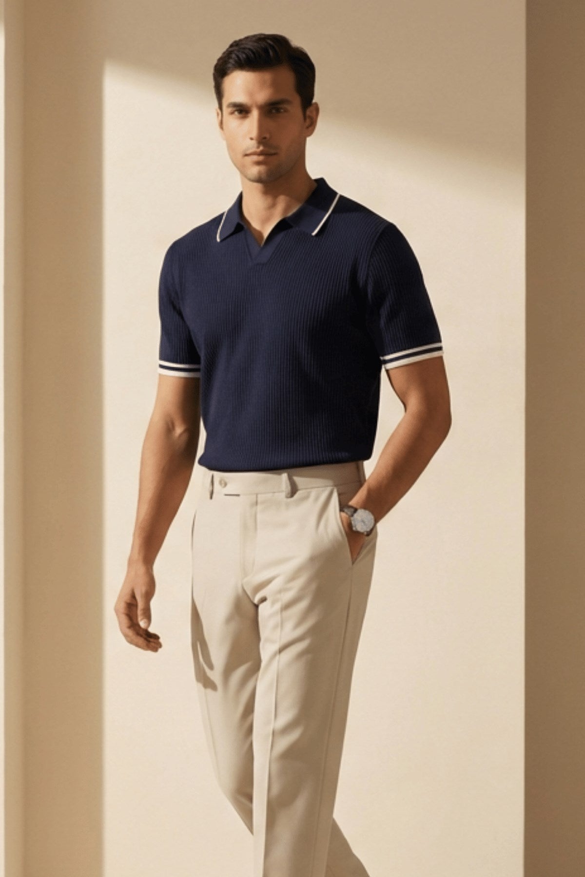 Erkek Fitilli Triko Polo Yaka Tişört Lacivert - Polo Çizgili Yaka, Fit, Yazlık, Örme