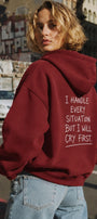 Kadın Oversize Hoodie Cry First Baskılı Bordo – Kapüşonlu, Kanguru Cepli, 3 İplik Şardonlu Polar