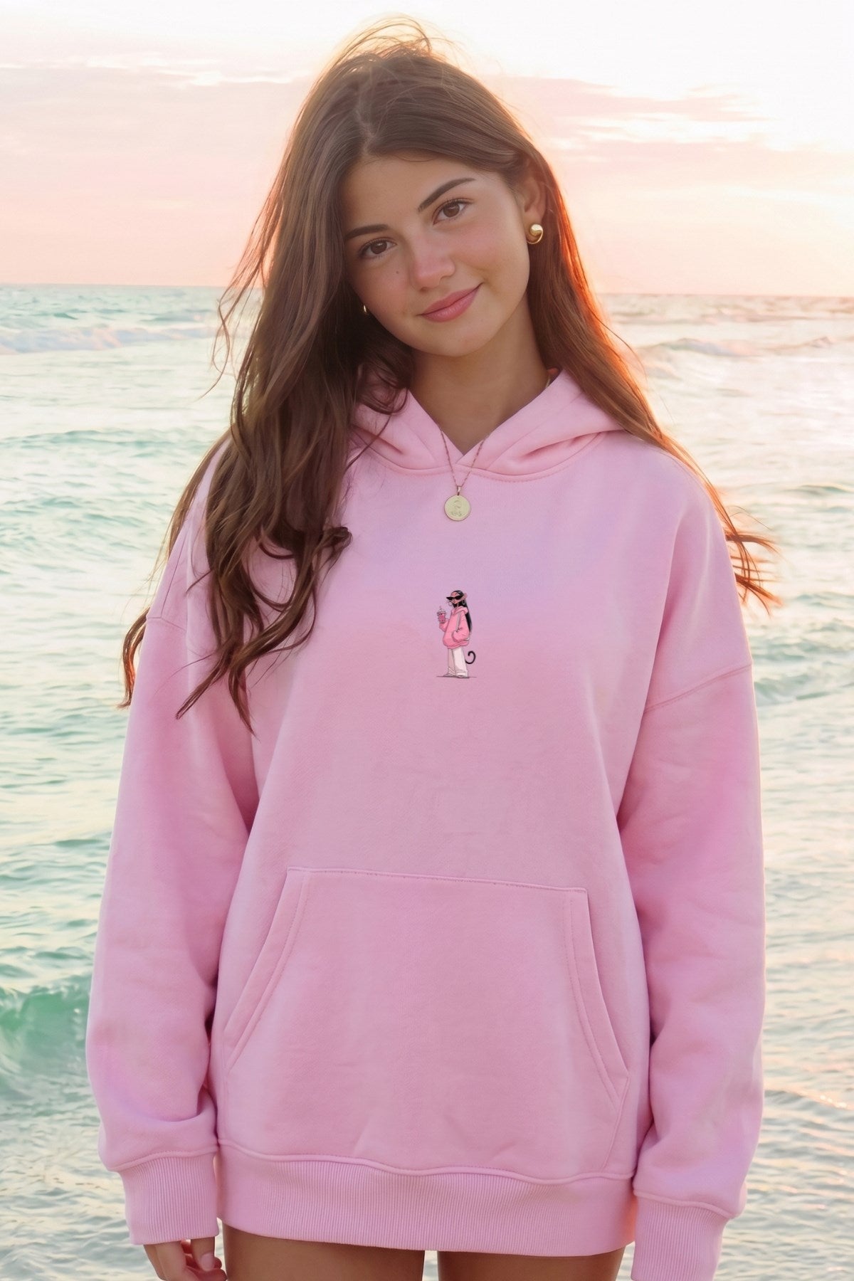 Kadın Oversize Hoodie Pink Kitty Club Baskılı Pembe - Kapüşonlu, Cepli, 3 İplik Polar