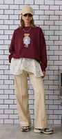 Kadın Oversize Sweatshirt Preppy Girl Bear Baskılı Bordo – Bisiklet Yaka, 3 İplik Şardonlu Polar