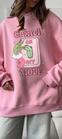 Kadın Oversize Sweatshirt Elbise Grinch Mode Baskılı Pembe – Bisiklet Yaka, 3 İplik Şardonlu Polar