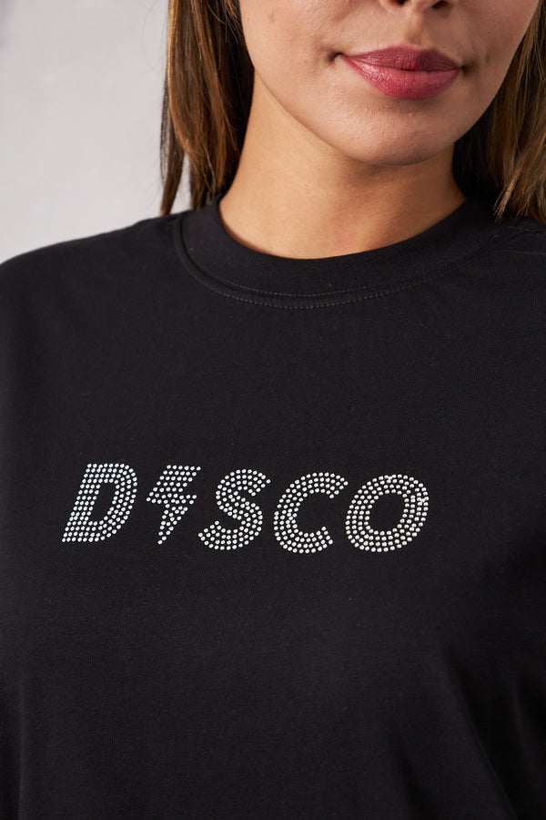 Disco Yazılı Taş Baskılı Siyah Kadın T-Shirt