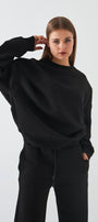 Unisex Oversize Sweatshirt Basic Siyah – Bisiklet Yaka, 3 İplik Şardonlu Polar