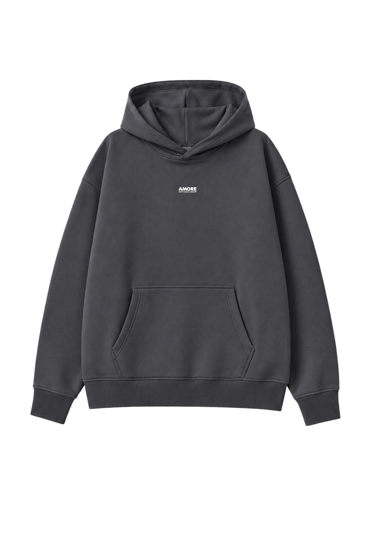 Kadın Oversize Hoodie Amore Baskılı Füme – Kapüşonlu, Kanguru Cepli, 3 İplik Şardonlu Polar