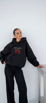 Kadın Oversize Sweatshirt Hoodie Hot & Spicy Baskılı Siyah – Kapüşonlu, 3 İplik Şardonlu Polar