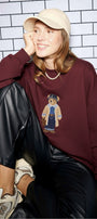 Kadın Oversize Sweatshirt Traveler Bear Baskılı Bordo – Bisiklet Yaka, 3 İplik Şardonlu Polar