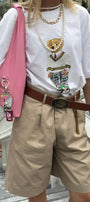 Kadın Preppy Ayıcık Baskılı Beyaz Oversize Kolej Stili Tişört